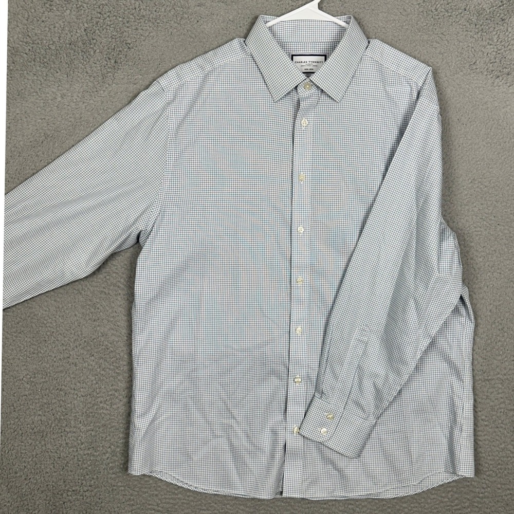 Charles Tyrwhitt Dress Shirt Mens 17.5-34 Slim Fit Blue Micro Check Button Up
